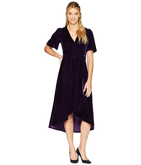 Velvet Faux Wrap Dress with Flutter Sleeve