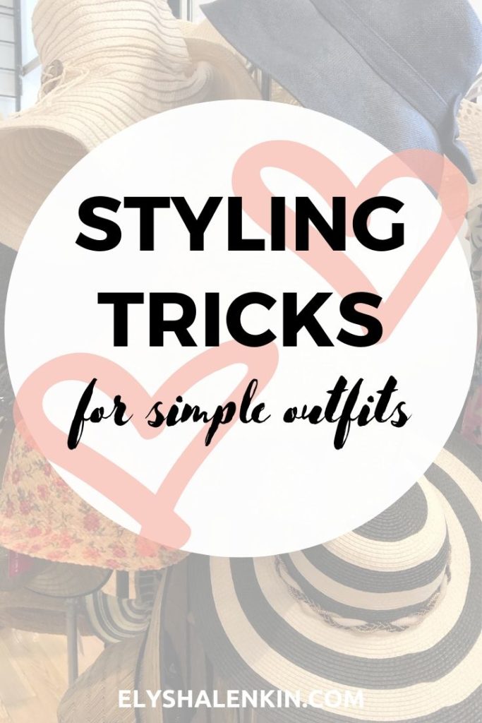 Styling Tricks for simple outfits. Hats on a rack. One has flower pattern. Another is black and white striped. One is denim. 