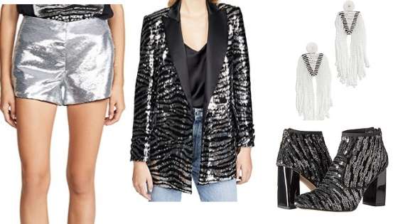 Image of metallic shorts, metallic animal print blazer, metallic earrings and metallic boots.