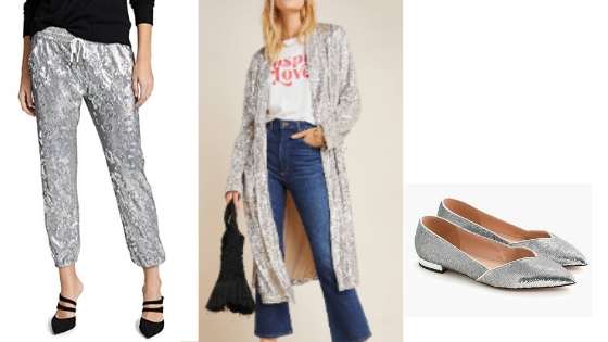 Image of metallic pants, metallic duster, metallic pointy toe flats.