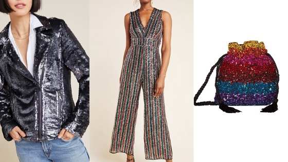 Image of metallic jacket, metallic jumpsuit, metallic drawstring handbag