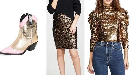 Image of metallic cowboy boots, metallic animal print skirt, metallic blouse.