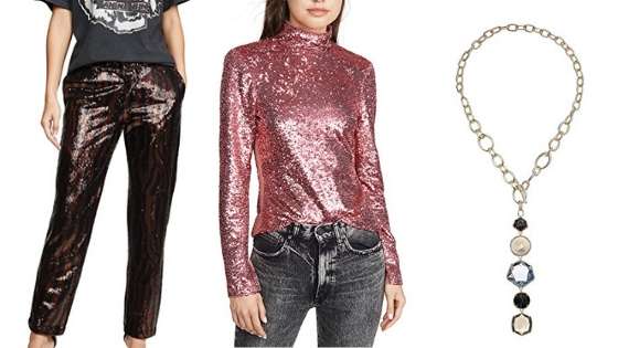 Image of metallic pants, metallic blouse, pendant necklace.