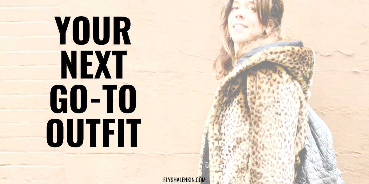 Your next go-to outfit text overlay on image of woman walking in leopard print jacket.