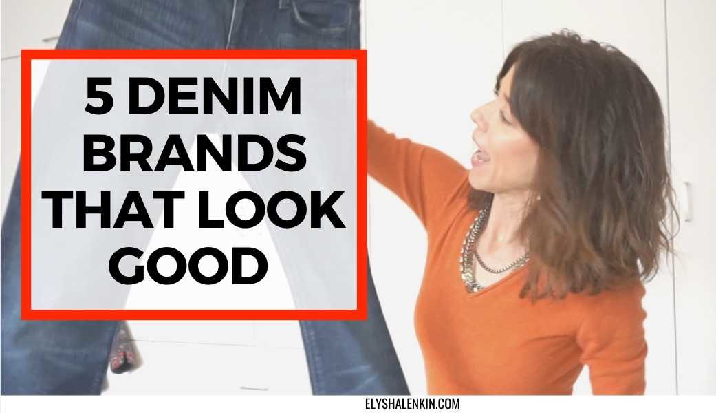 5 denim brands that look good text overlay of women holding a pair of jeans.