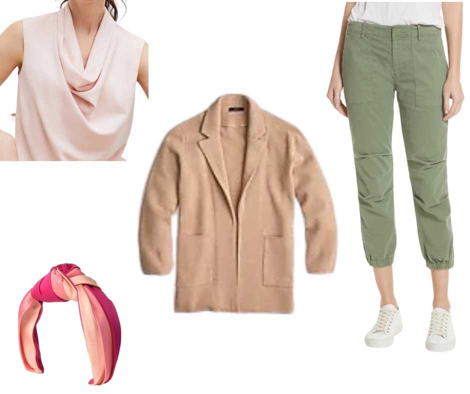 Clothing items: top, cardigan, pants and headband shown on white background.