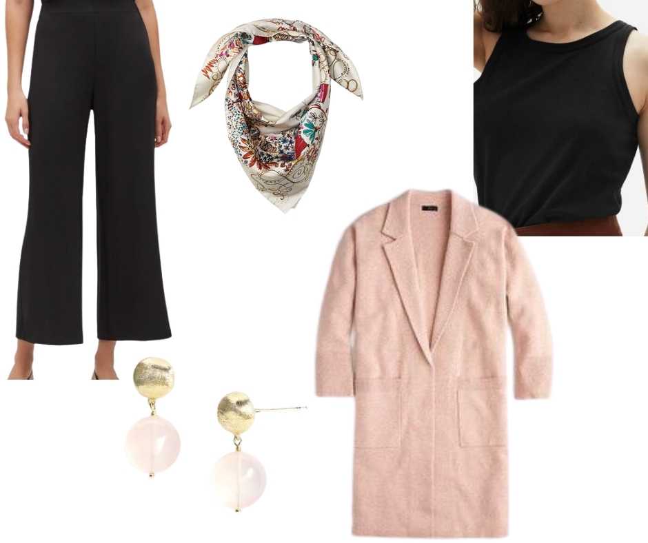 Clothing items: black pants, top, earrings, scarf and cardigan shown on white background.