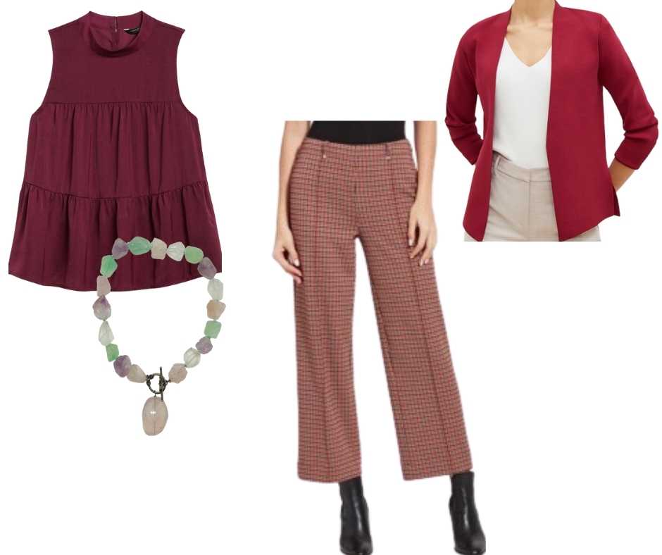 Clothing items of monochromatic outfit shown on white background.